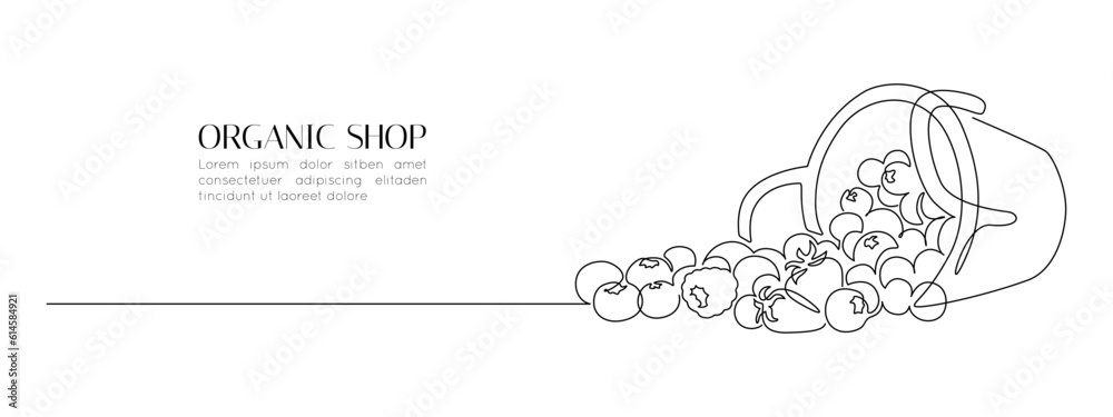 Blueberries and berries in basket in one continuous line drawing. Fruit and strawberries in simple linear style. Label for jam and yogurt banner in editable stroke. Doodle vector illustration