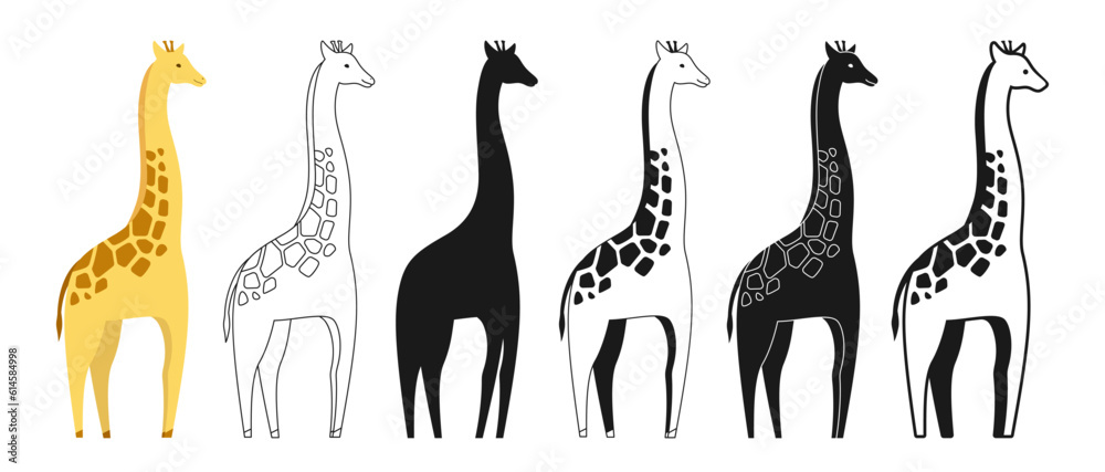 Giraffe wild animal cartoon style set. African safari cute giraffes symbol, line doodle animal silhouette. Flat funny African giraffe character icon. Hand drawn simple abstract zoo vector illustration