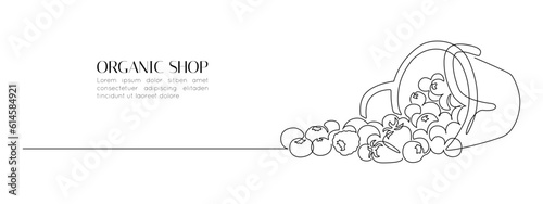 Blueberries and berries in basket in one continuous line drawing. Fruit and strawberries in simple linear style. Label for jam and yogurt banner in editable stroke. Doodle vector illustration