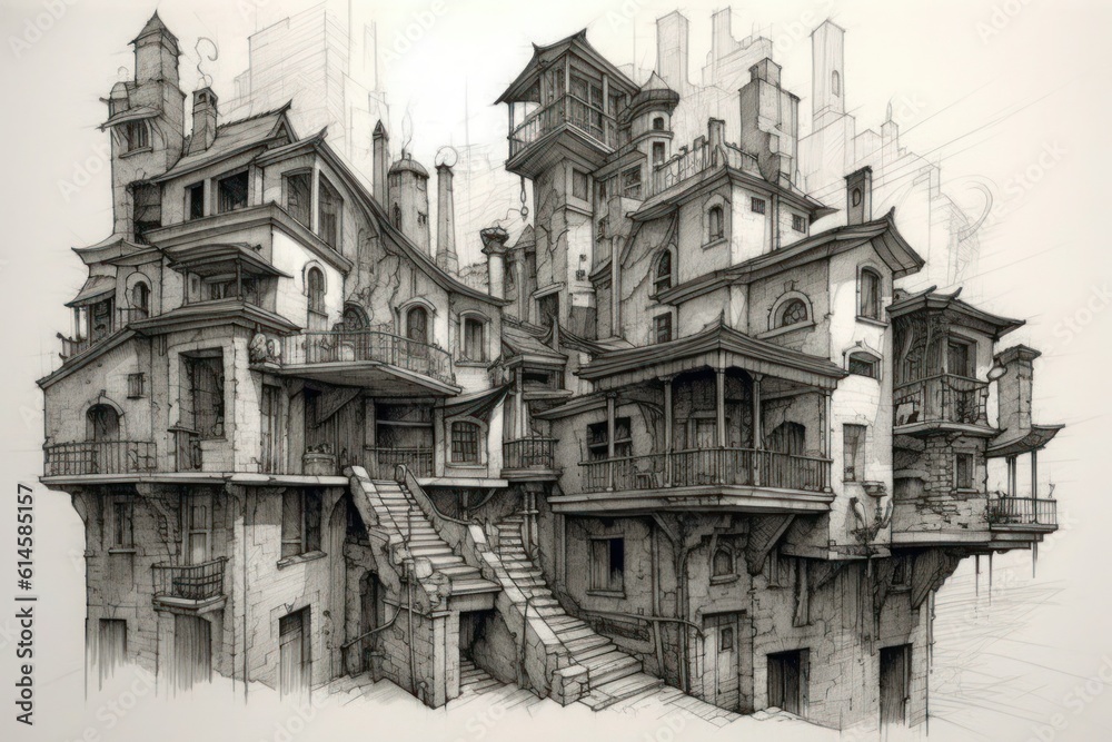 astonishing pen sketch of symetrical exterior design on loose paper, no person, looks real. generative ai astonishing pen sketch of symetrical exterior design on loose paper, no person, looks real. generative ai