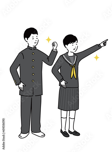 やる気のある中学生の男女のイラスト、笑顔、ベクター