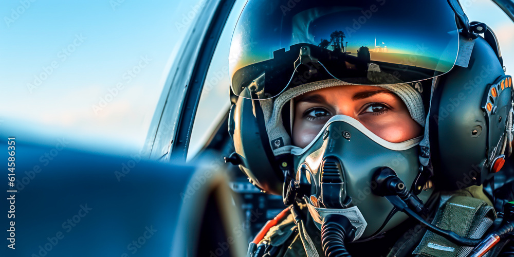 Military jet pilot woman in cockpit, wide. Generative AI Military jet pilot woman in cockpit, wide. Generative AI