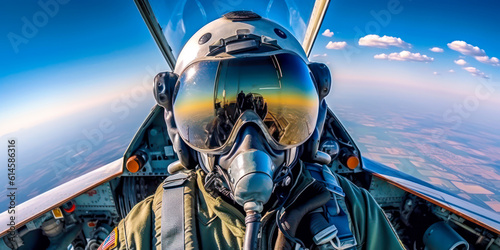Military jet pilot in cockpit. Generative AI © Sunshower Shots
