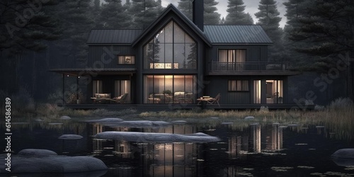 Luxurious scandinavian nordic home in the forest in evening scene. superlative generative AI image.