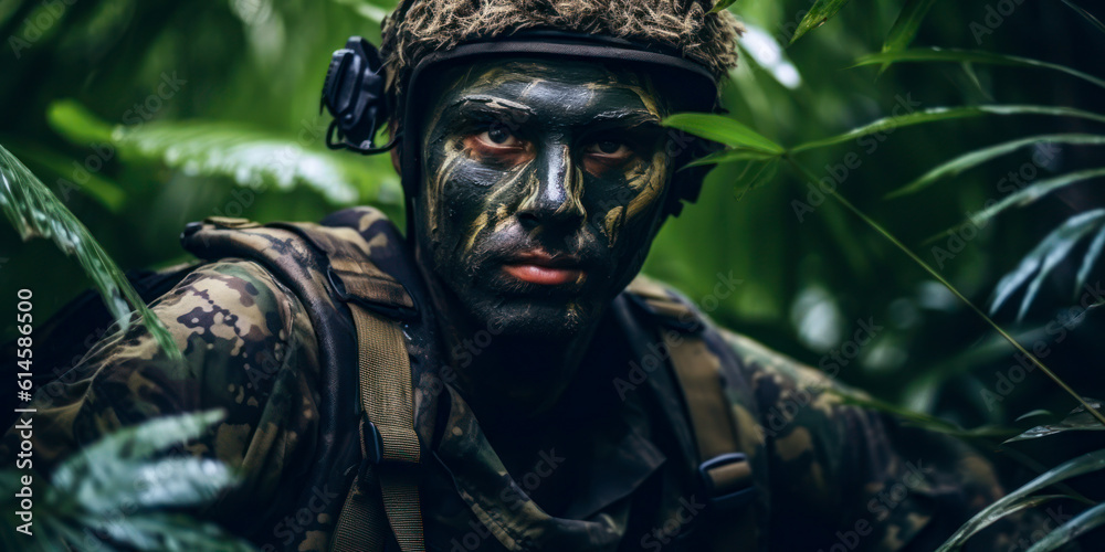 Army soldier with camouflage face paint in the jungle, wide. Generative AI