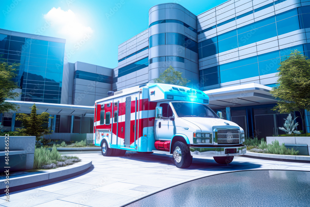 Hospital emergency room entrance with ambulance. Generative AI