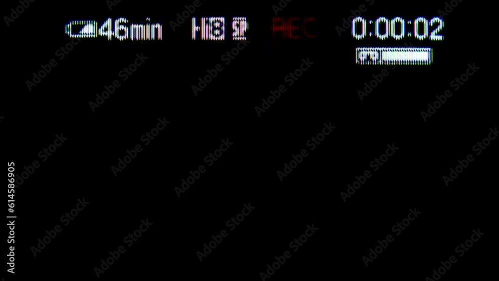 Hi8 recording screen menu overlay, displaying information about battery status, resolution, playback, timer status. Hi8 format improved recorder electronics to increase the recorded bandwidth. Hi8 recording screen menu overlay, displaying information about battery status, resolution, playback, timer status. Hi8 format improved recorder electronics to increase the recorded bandwidth.
