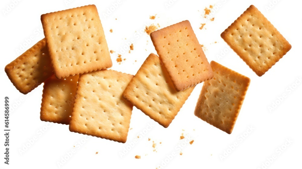 Flying delicious crackers isolated on white background.