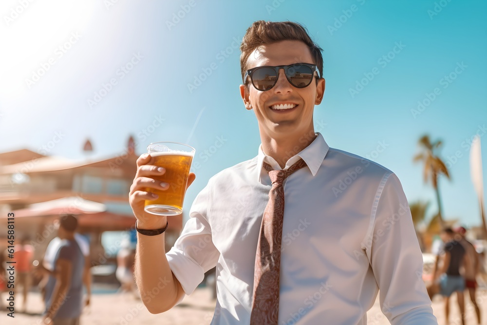 Fototapeta premium ビーチでビールを飲む男性 with generative ai