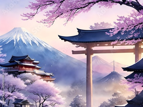 Winter nature landscape background in Japanese anime watercolor painting illustration style. Landscape illustration of Mount Fuji and Cherry Blossom Trees, in spring in Japan.