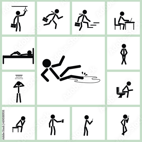 A day of a man vector in stickman style. A man's daily activities black symbol on white background. Stick figure icon.