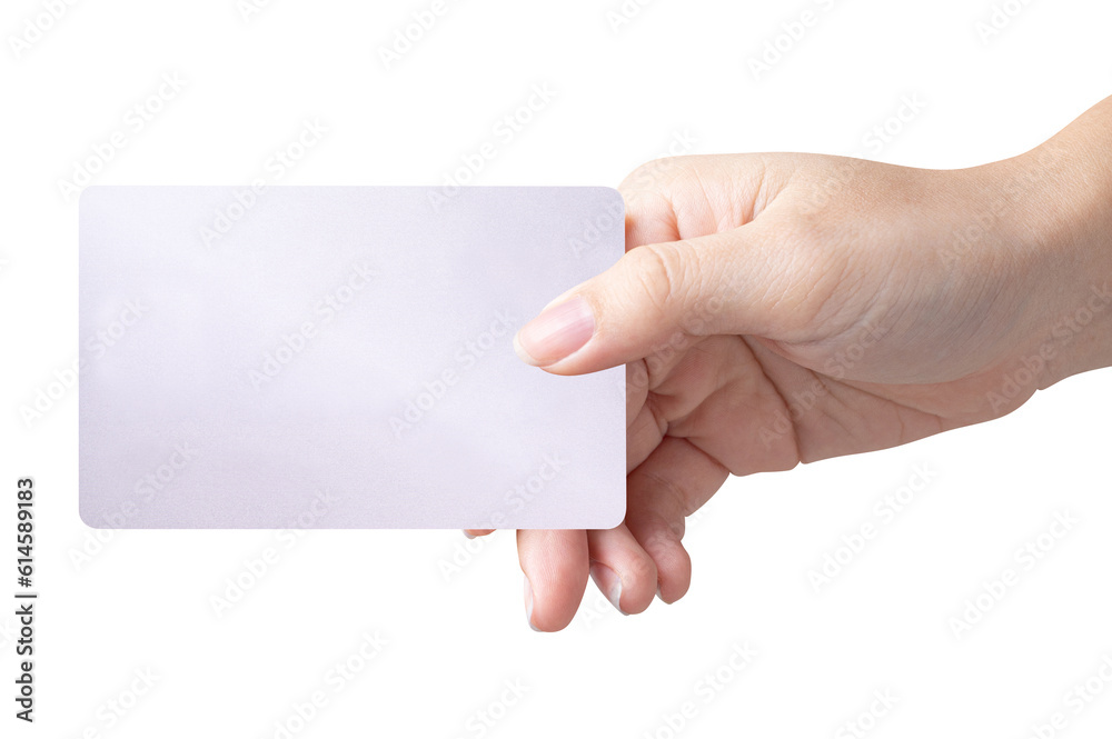 Woman hand hold silver empty card isolated on white background. Woman hand hold silver empty card isolated on white background.