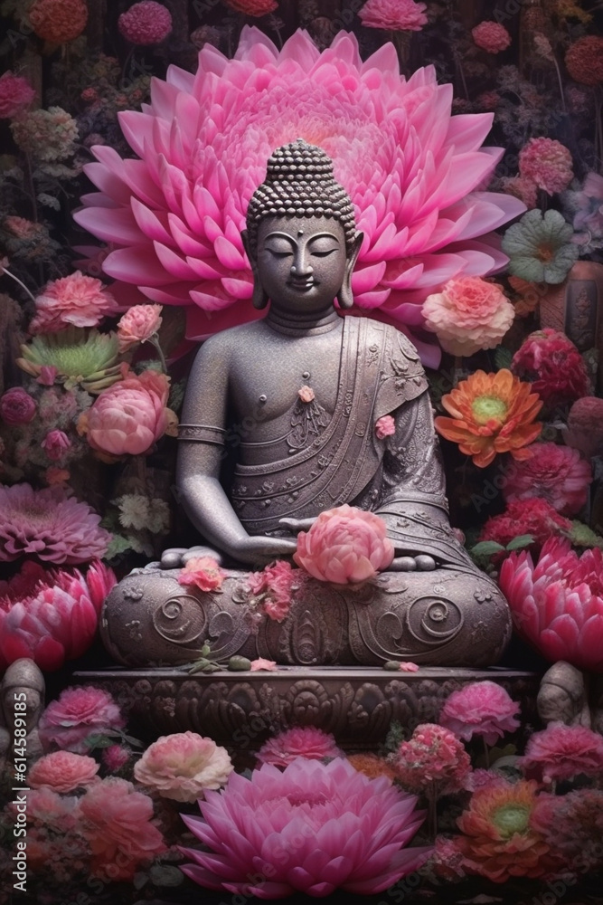 Budda statue sitting in pink lotus flower, surrounded by pink flowers