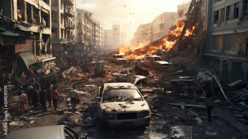 Illustration of A shocking horror and chaos of a natural disaster scene of a massive earthquake that has devastated a city and triggered fires  Rubble and cars are overturned AI Generative