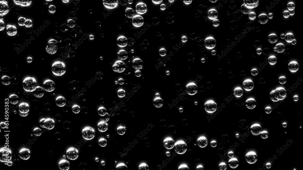 黒背景に複数の気泡。3d。（横長）