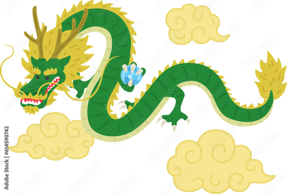 Obraz premium 觔斗雲の中を泳ぐ、玉を持った龍のイラスト