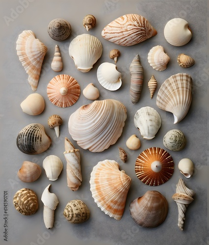a display of seashells arranged in a simple pattern. Generative AI