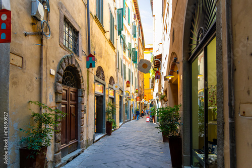 Fototapeta Naklejka Na Ścianę i Meble -  A picturesque narrow alley or street of shops, businesses and apartments in the historic center of Lucca, Italy in the Tuscany region.