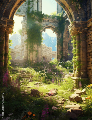 Ruins of an ancient abandoned building overgrown with vegetation.