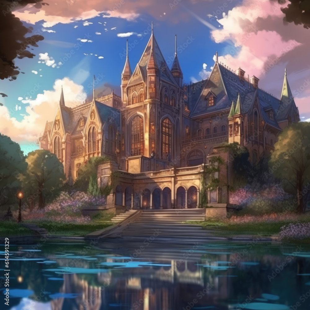 View of a large palace in anime style
