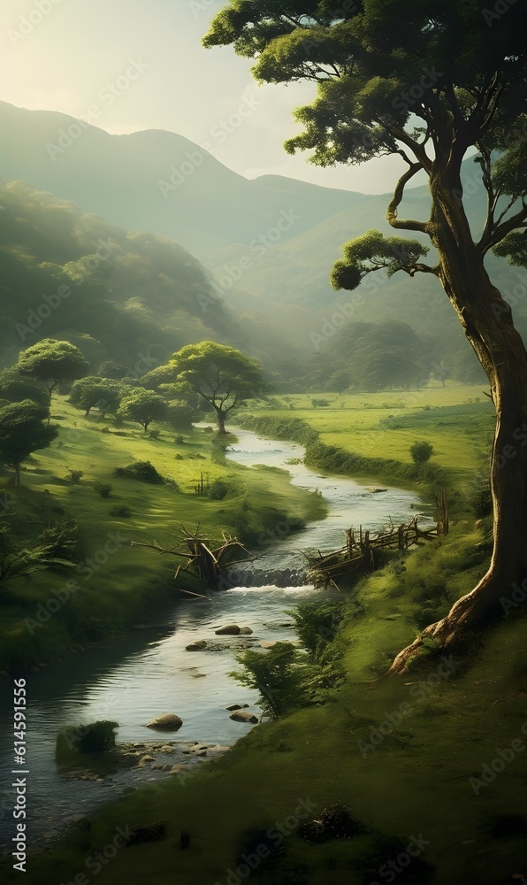 Obraz premium A peaceful setting with a flowing river and plenty of vegetation. Generative AI