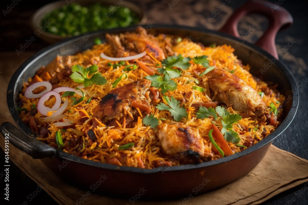 Pakistani Chicken Biryani: This biryani is made with a tomato-based sauce and aromatic spices. Generative AI.