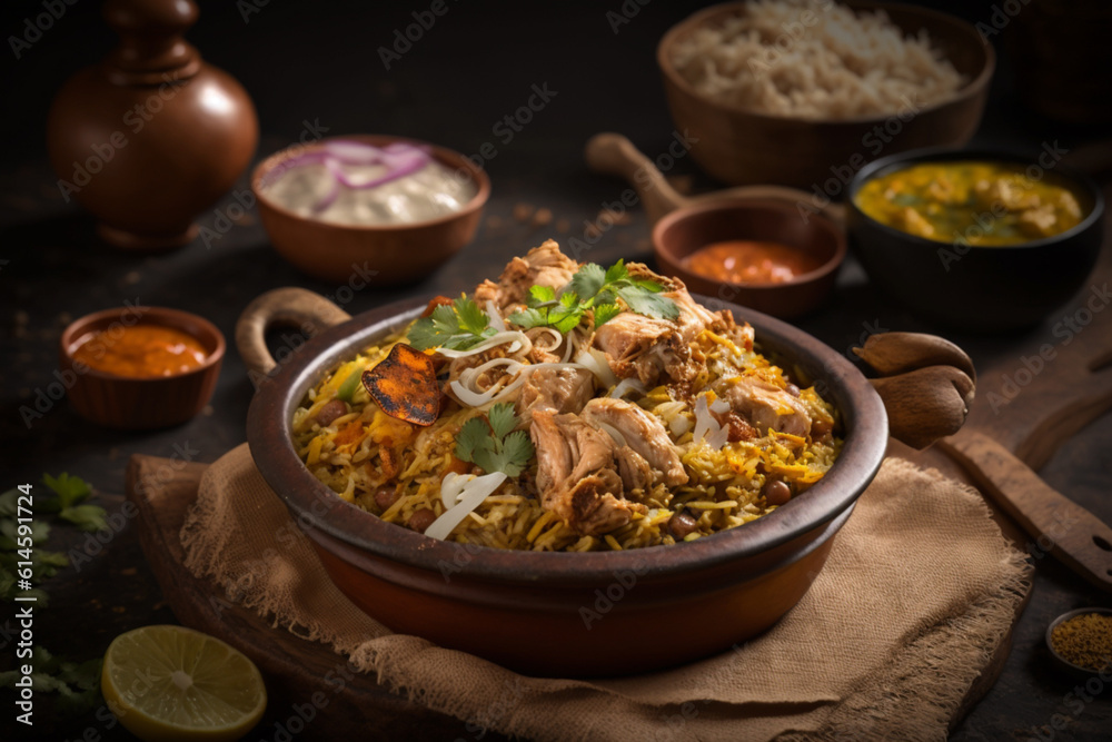 Mumbai Chicken Biryani: A spicy and tangy biryani made with chicken, tomatoes, onions, and fragrant spices. Generative AI.