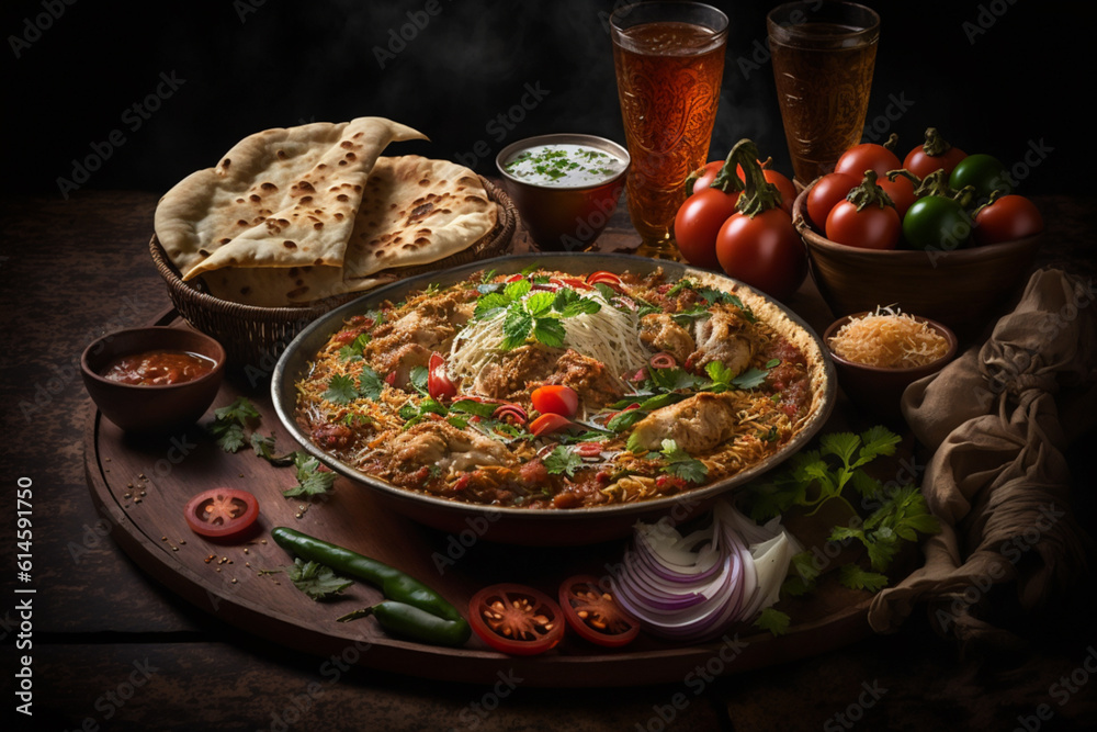 Mumbai Chicken Biryani: A spicy and tangy biryani made with chicken, tomatoes, onions, and fragrant spices. Generative AI. Mumbai Chicken Biryani: A spicy and tangy biryani made with chicken, tomatoes, onions, and fragrant spices. Generative AI.