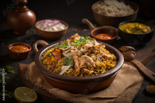 Mumbai Chicken Biryani: A spicy and tangy biryani made with chicken, tomatoes, onions, and fragrant spices. Generative AI.