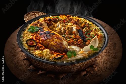 Kerala Style Chicken Biryani: A flavorful biryani made with chicken cooked in coconut milk, spices, and fragrant rice. Generative AI.