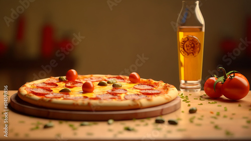 pizza in wooden plate with beer drink