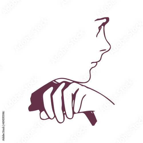 Young woman face side view. Elegant silhouette of a female head. Woman of middle age keeps hand under chin looks away with dreamy expression
