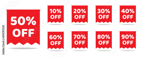 Discount sale off tag, 50, 20, 10, 40, 30, 60, 70, 80, 90 percent. Set sale offer emblem, badge price discount number. Flat offer stamp, sticker clearance sale. Finance product emblem. Vector