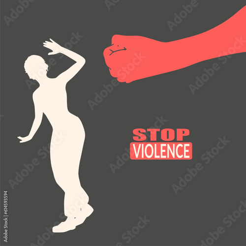 Stop violence text. Social concept of sexual assault , domestic violence and harassment. Male fist reaching out to a woman