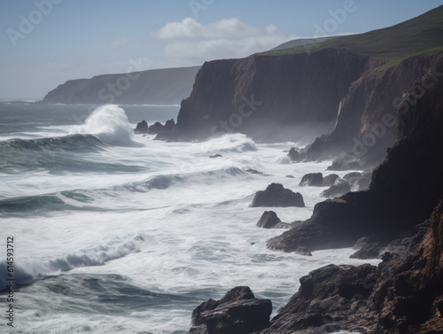 Dramatic coastline with towering cliffs and crashing waves.
