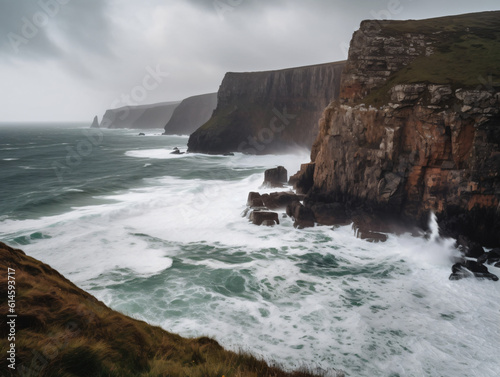 Dramatic coastline with towering cliffs and crashing waves.