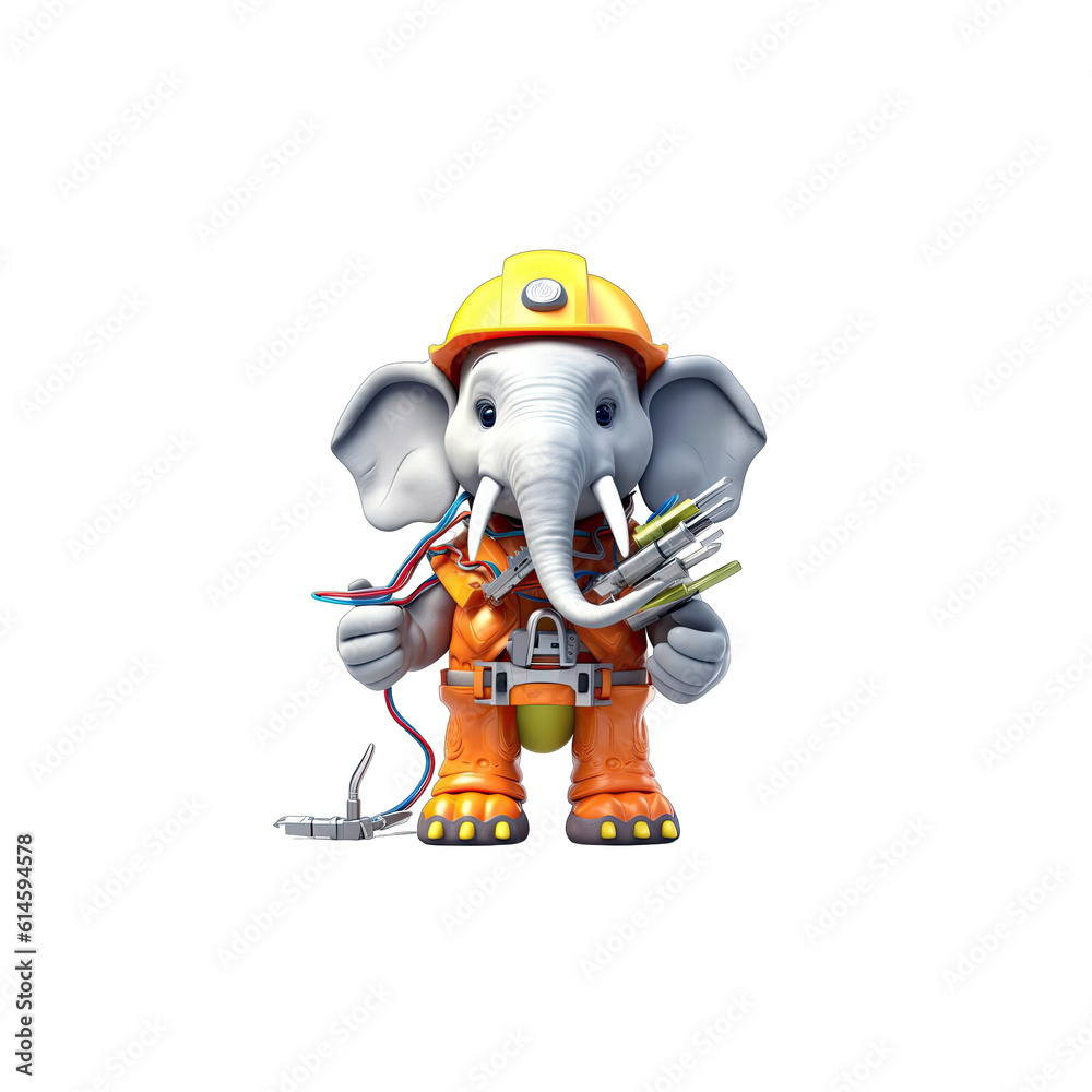 Electrician Elephant is a strong elephant wearing a tool belt and holding electrical wires. Electrician Elephant is a strong elephant wearing a tool belt and holding electrical wires.