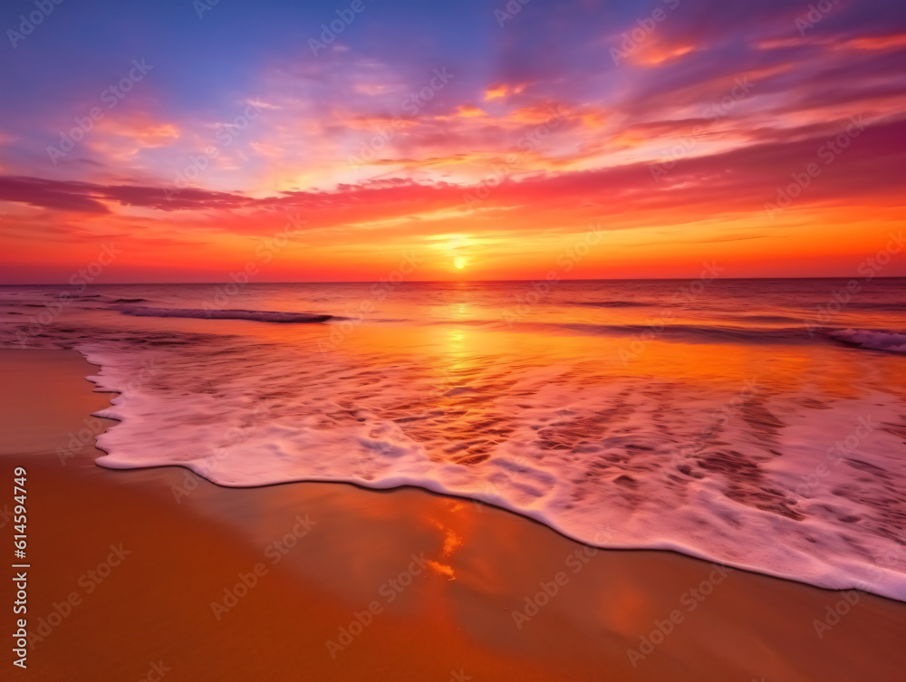 Serene beach sunset with vibrant colors.