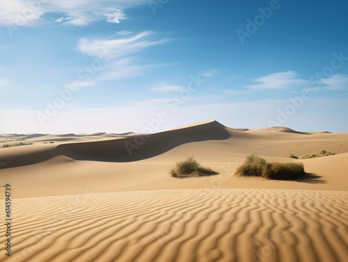 Serene desert landscape with towering sand dunes and a clear blue sky. © Noah