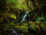 Tranquil waterfall hidden within a mossy forest.