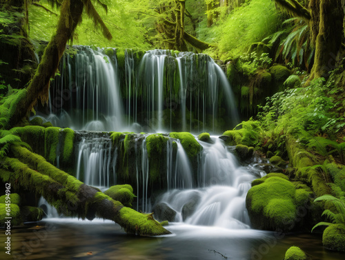 Tranquil waterfall hidden within a mossy forest.