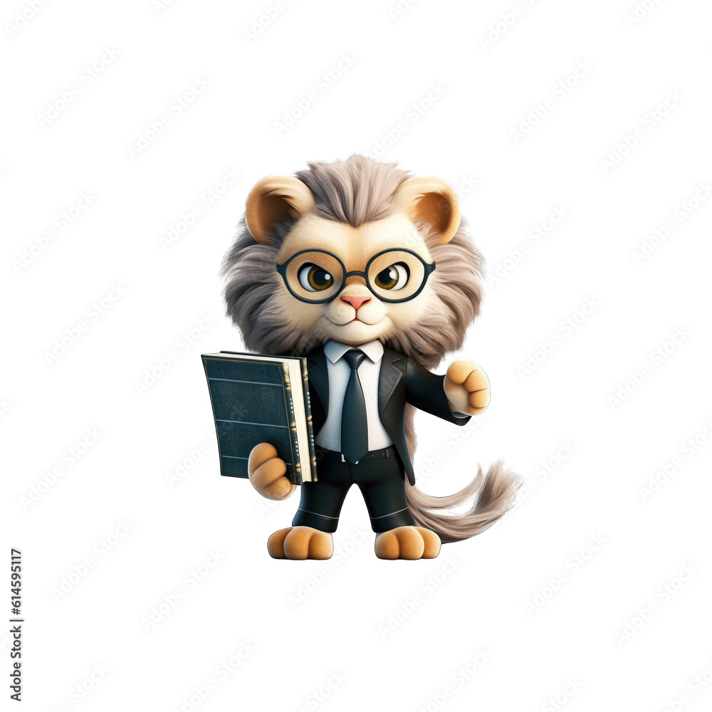Lawyer Lion is a wise-looking lion wearing a black suit.