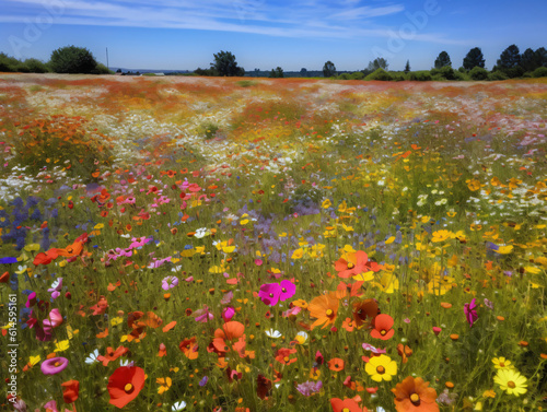 Vibrant fields of blooming wildflowers stretching as far as the eye can see. 