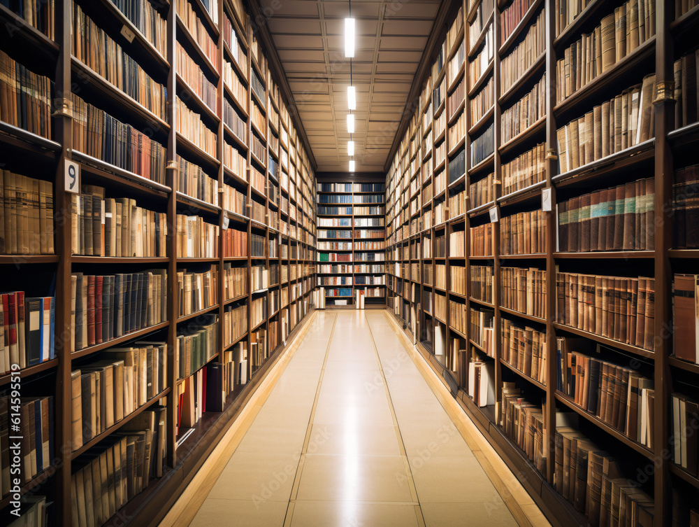 A library filled with rows of neatly organized books on shelves. A library filled with rows of neatly organized books on shelves.