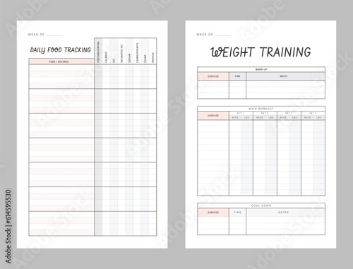 2 set Weight Training  and Food Diary and workout tracker Planner. Plan you food day easily. Vector illustration.