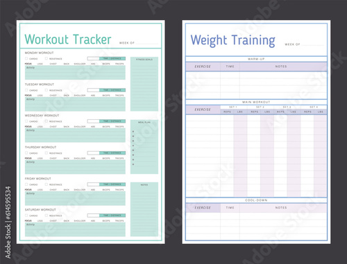 2 set Weight Training  and Food Diary and workout tracker Planner. Plan you food day easily. Vector illustration.