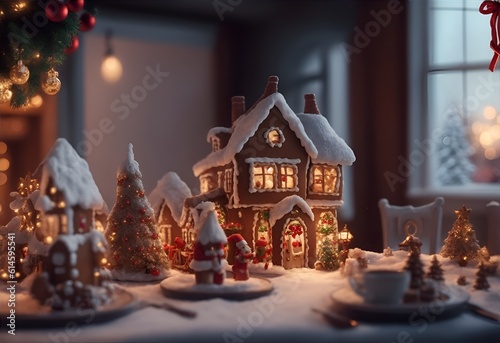 christmas gingerbread house, cozy Christmas table full of desserts, gingerbread house, blurred background, Christmas background. Generative AI