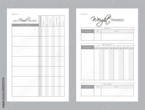 2 set Weight Training  and Food Diary and workout tracker Planner. Plan you food day easily. Vector illustration.