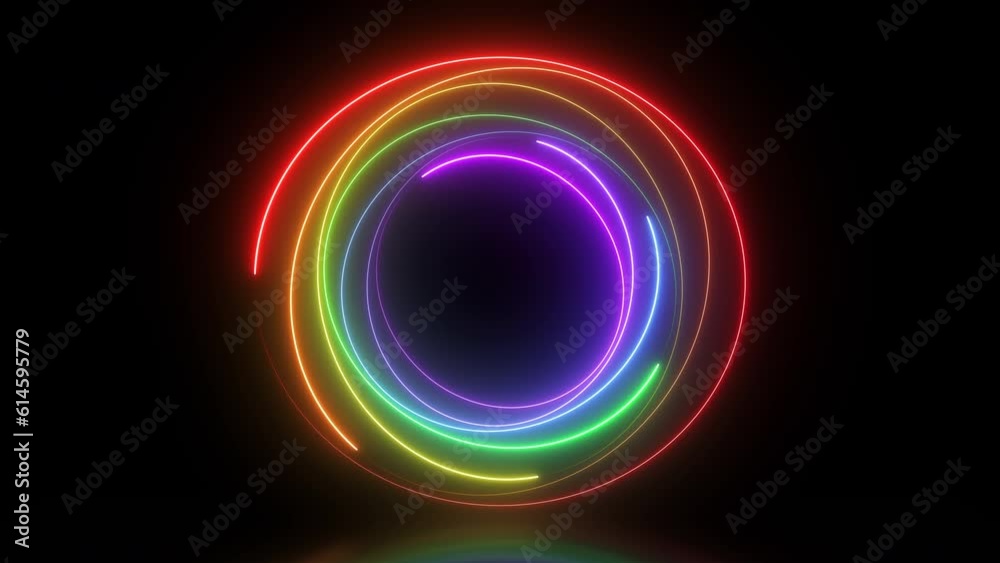 Neon glowing colourful circles on black background. Seamless looping animation