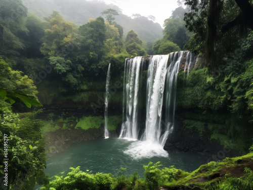 Breathtaking view of a cascading waterfall surrounded by lush greenery.